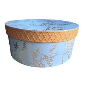 Round Decorative Storage Hat Box Blue Floral Gold Trim with Lid & Rope Handles